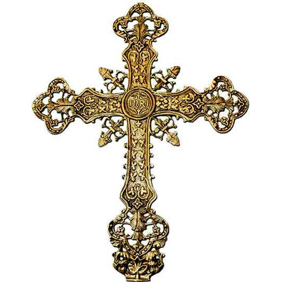 Cruz em bronze com INRI e elementos litúrgicos