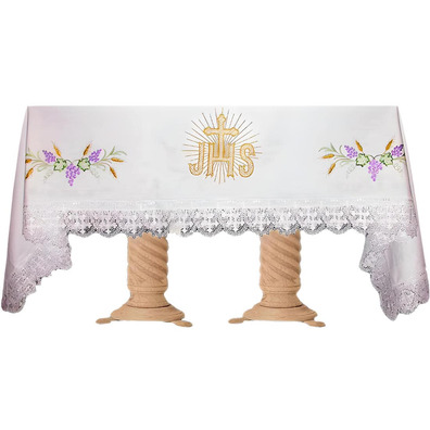 Mantel de altar bordado com JHS, espigas e uvas